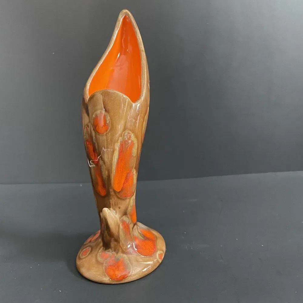 Vintage Bird Of‎ Paradise MCM Pottery Vase Orange Drip Signed Connie Nelson 1974